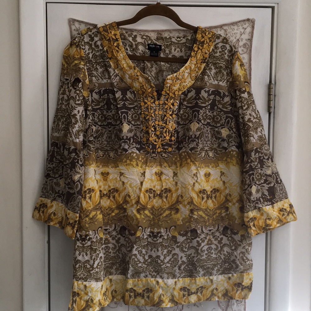 Style & Co. Sz 16 3/4 Sleeve Yellow Beaded Top 🌞